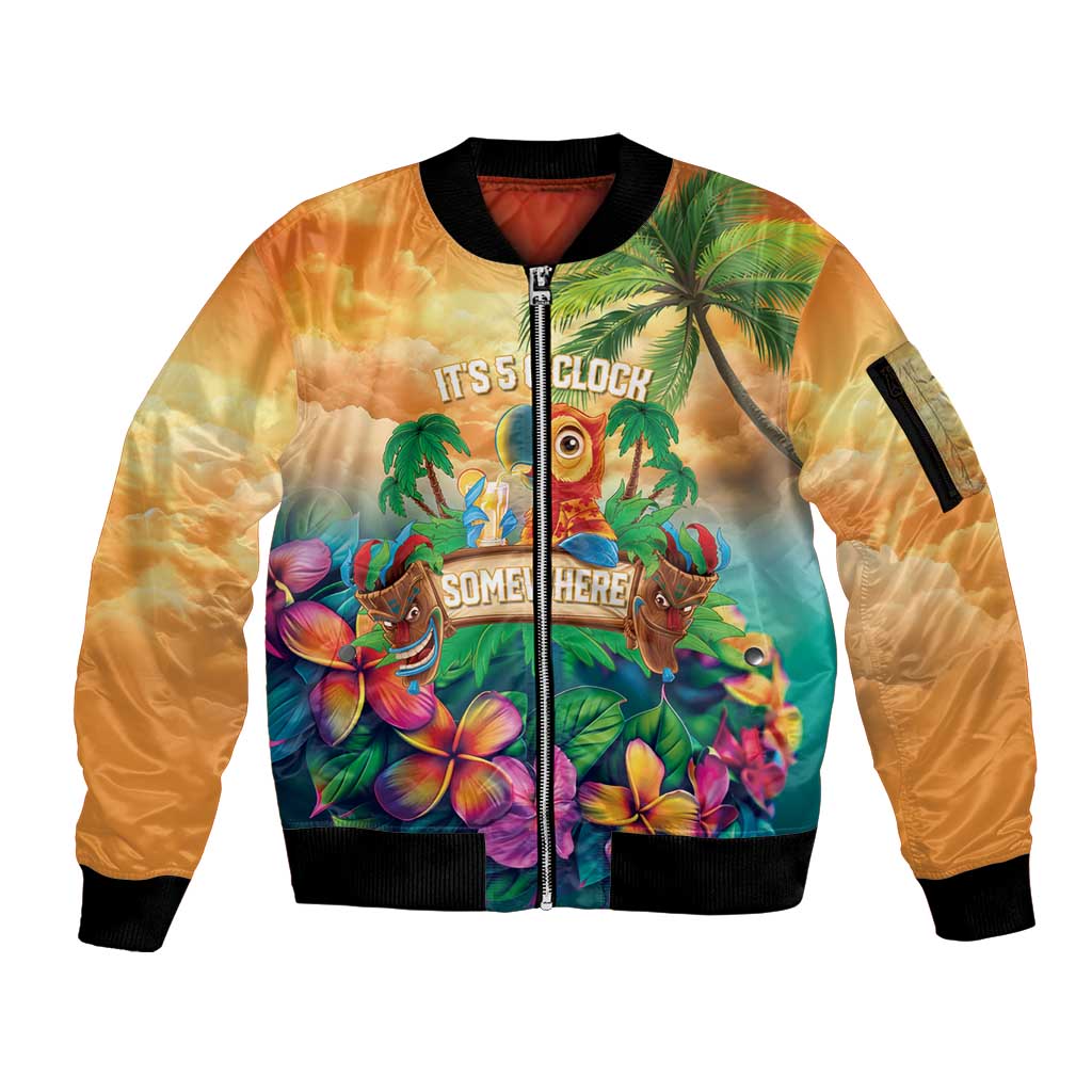 5 Oclock Somewhere Personalized Sleeve Zip Bomber Jacket Hawaii Parrots Plumeria Summer Vibe - Polynesian Pride