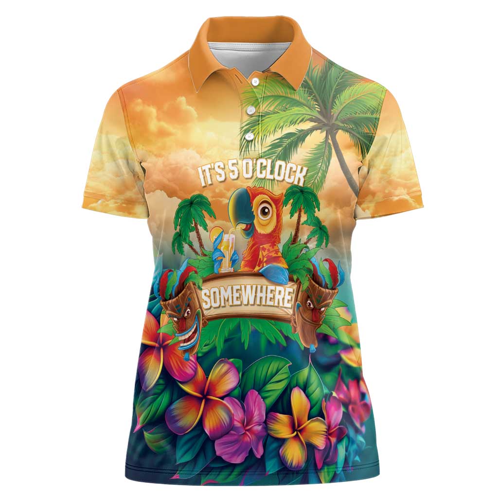 5 Oclock Somewhere Personalized Women Polo Shirt Hawaii Parrots Plumeria Summer Vibe - Polynesian Pride