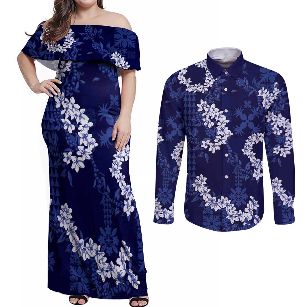 Mokihana Maile and Ilima Leis Couples Matching Off Shoulder Maxi Dress and Long Sleeve Button Shirt Uliuli Hawaiian Tapa Quilt Pattern - Polynesian Pride
