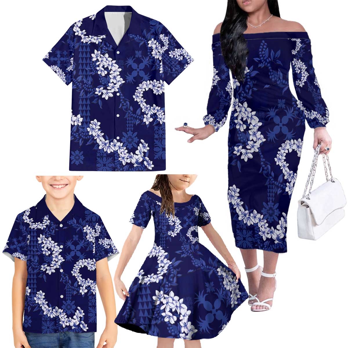 Mokihana Maile and Ilima Leis Family Matching Off The Shoulder Long Sleeve Dress and Hawaiian Shirt Uliuli Hawaiian Tapa Quilt Pattern - Polynesian Pride