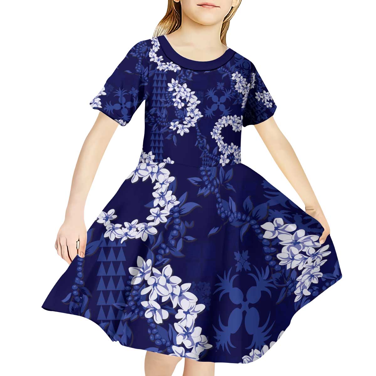 Mokihana Maile and Ilima Leis Kid Short Sleeve Dress Uliuli Hawaiian Tapa Quilt Pattern - Polynesian Pride