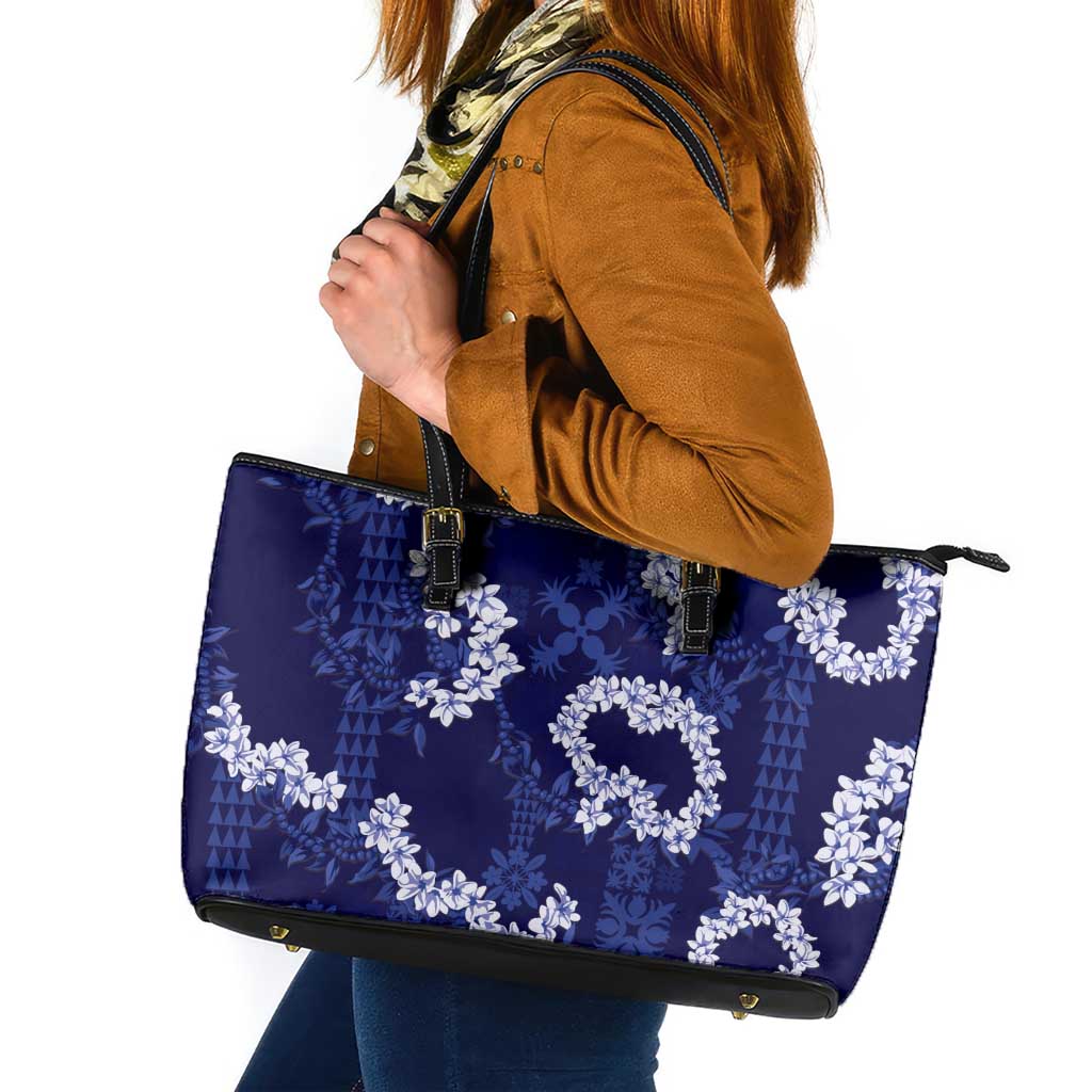 Mokihana Maile and Ilima Leis Leather Tote Bag Uliuli Hawaiian Tapa Quilt Pattern - Polynesian Pride