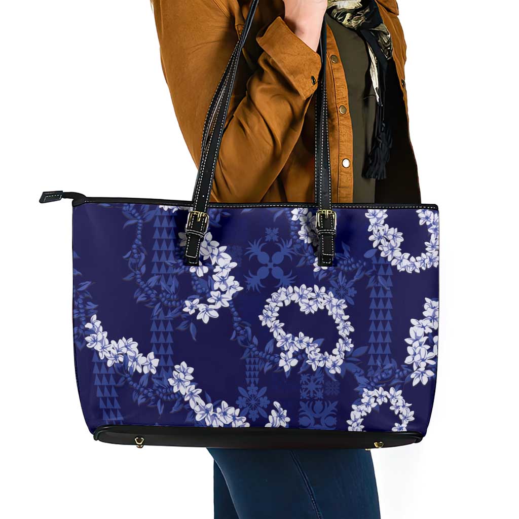 Mokihana Maile and Ilima Leis Leather Tote Bag Uliuli Hawaiian Tapa Quilt Pattern - Polynesian Pride