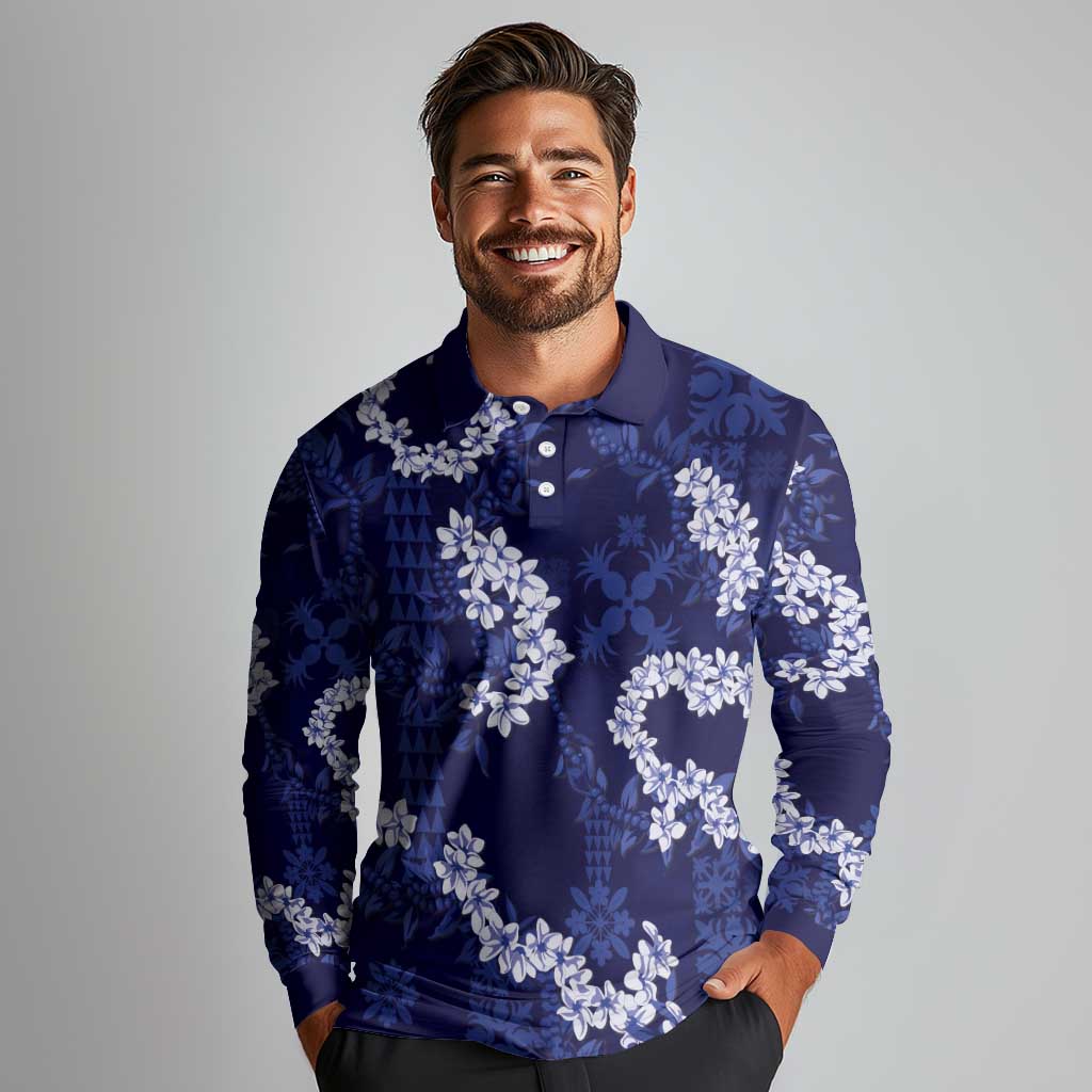 Mokihana Maile and Ilima Leis Long Sleeve Polo Shirt Uliuli Hawaiian Tapa Quilt Pattern - Polynesian Pride