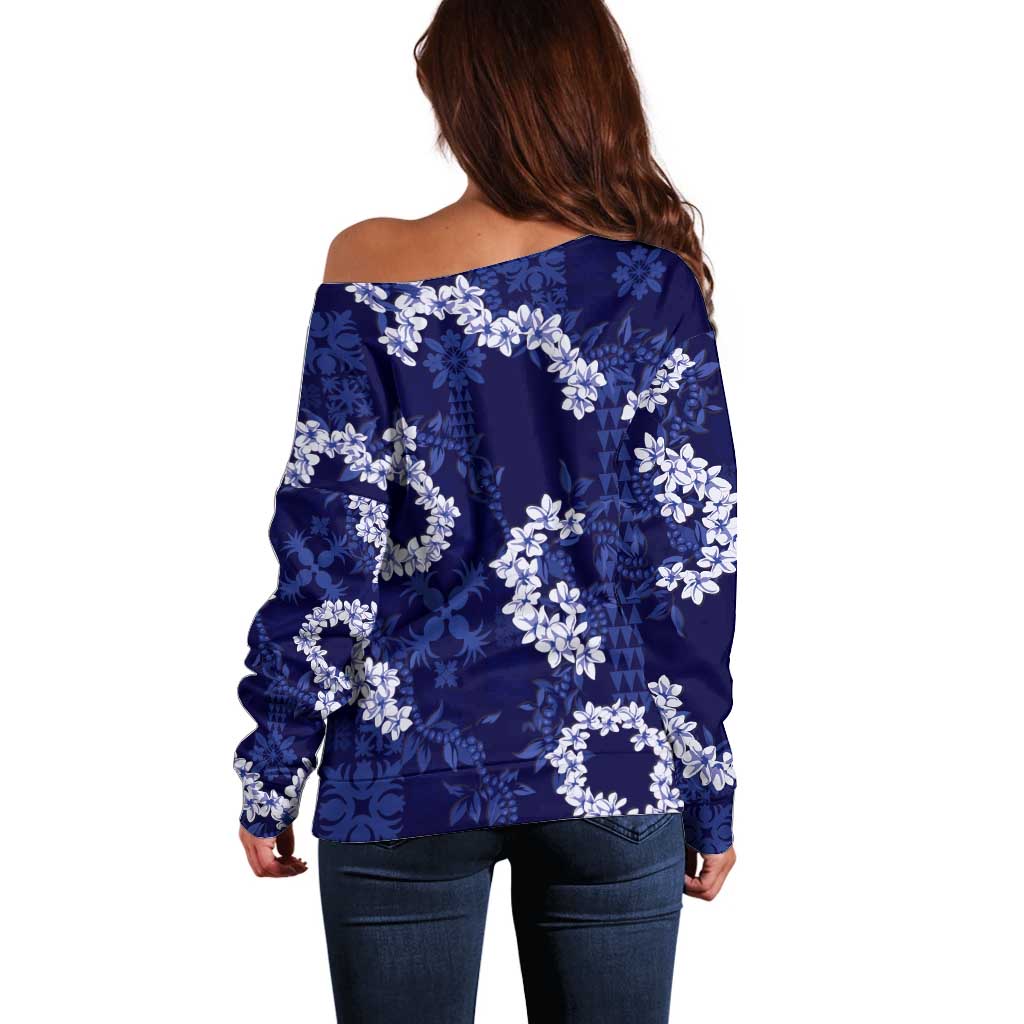 Mokihana Maile and Ilima Leis Off Shoulder Sweater Uliuli Hawaiian Tapa Quilt Pattern - Polynesian Pride