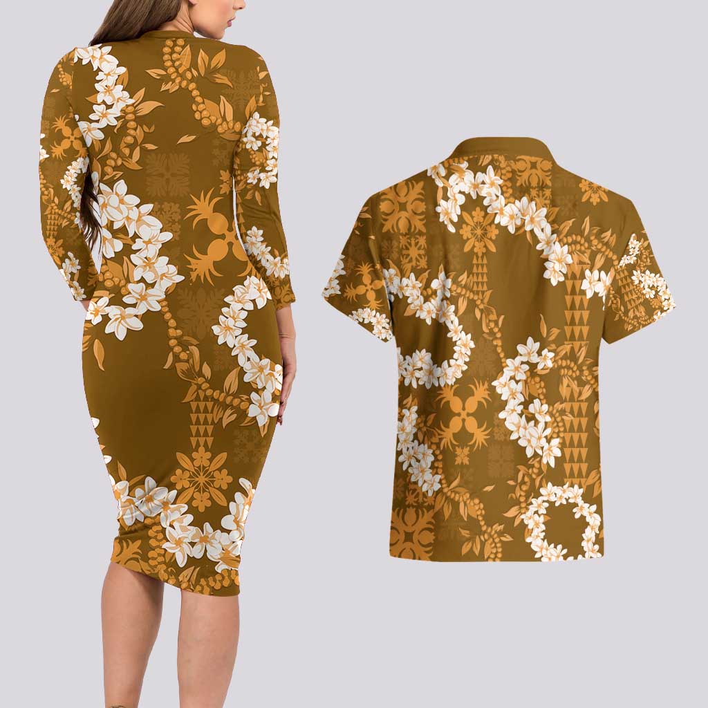 Mokihana Maile and Ilima Leis Couples Matching Long Sleeve Bodycon Dress and Hawaiian Shirt Alani Hawaiian Tapa Quilt Pattern - Polynesian Pride
