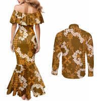 Mokihana Maile and Ilima Leis Couples Matching Mermaid Dress and Long Sleeve Button Shirt Alani Hawaiian Tapa Quilt Pattern - Polynesian Pride