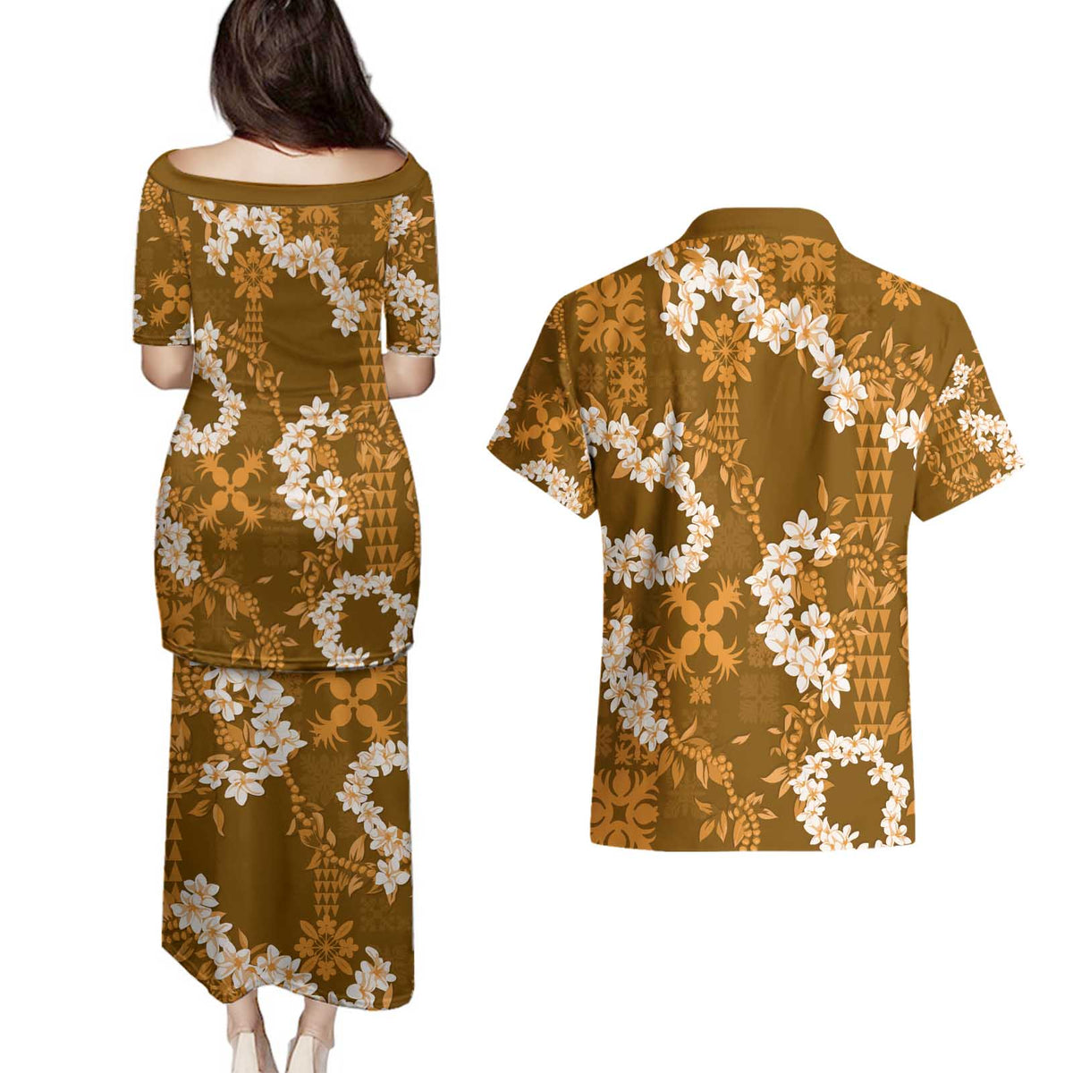 Mokihana Maile and Ilima Leis Couples Matching Puletasi and Hawaiian Shirt Alani Hawaiian Tapa Quilt Pattern - Polynesian Pride