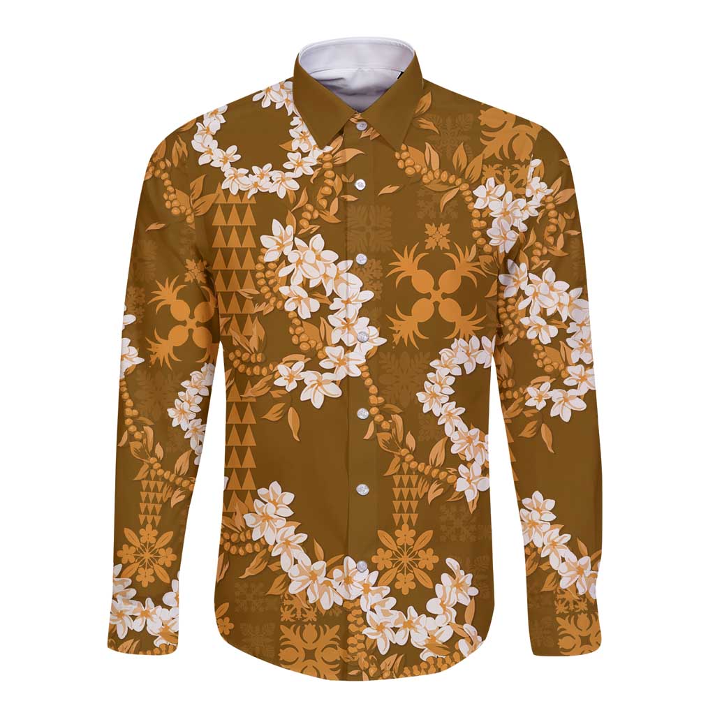 Mokihana Maile and Ilima Leis Long Sleeve Button Shirt Alani Hawaiian Tapa Quilt Pattern - Polynesian Pride