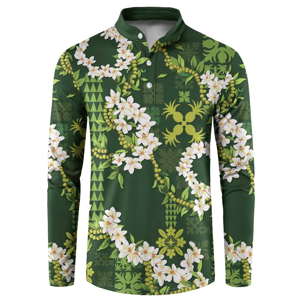 Mokihana Maile and Ilima Leis Button Sweatshirt Omaʻomaʻo Hawaiian Tapa Quilt Pattern - Polynesian Pride