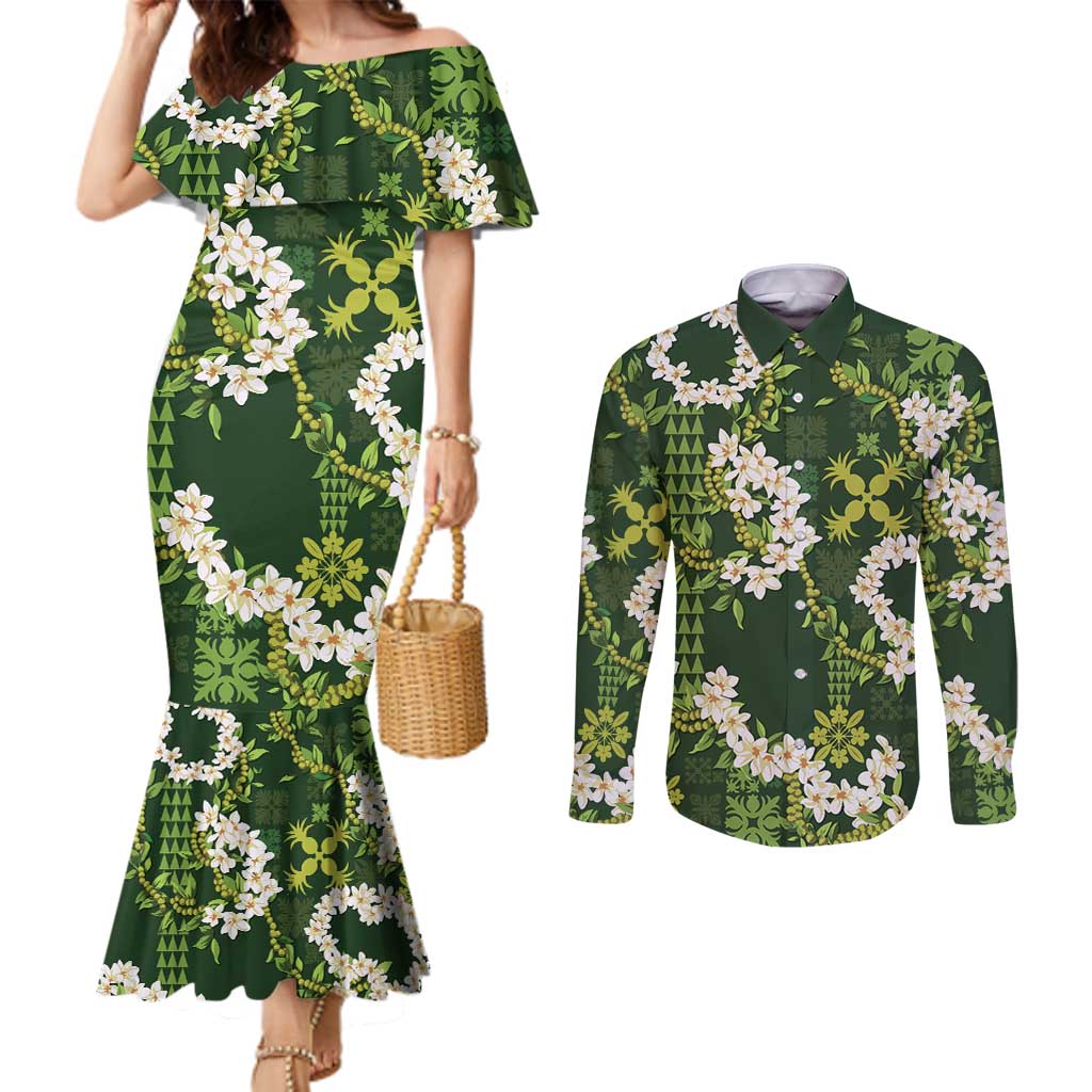 Mokihana Maile and Ilima Leis Couples Matching Mermaid Dress and Long Sleeve Button Shirt Omaʻomaʻo Hawaiian Tapa Quilt Pattern - Polynesian Pride
