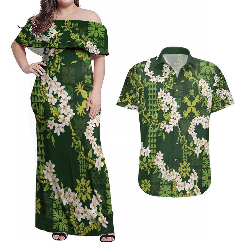Mokihana Maile and Ilima Leis Couples Matching Off Shoulder Maxi Dress and Hawaiian Shirt Omaʻomaʻo Hawaiian Tapa Quilt Pattern - Polynesian Pride