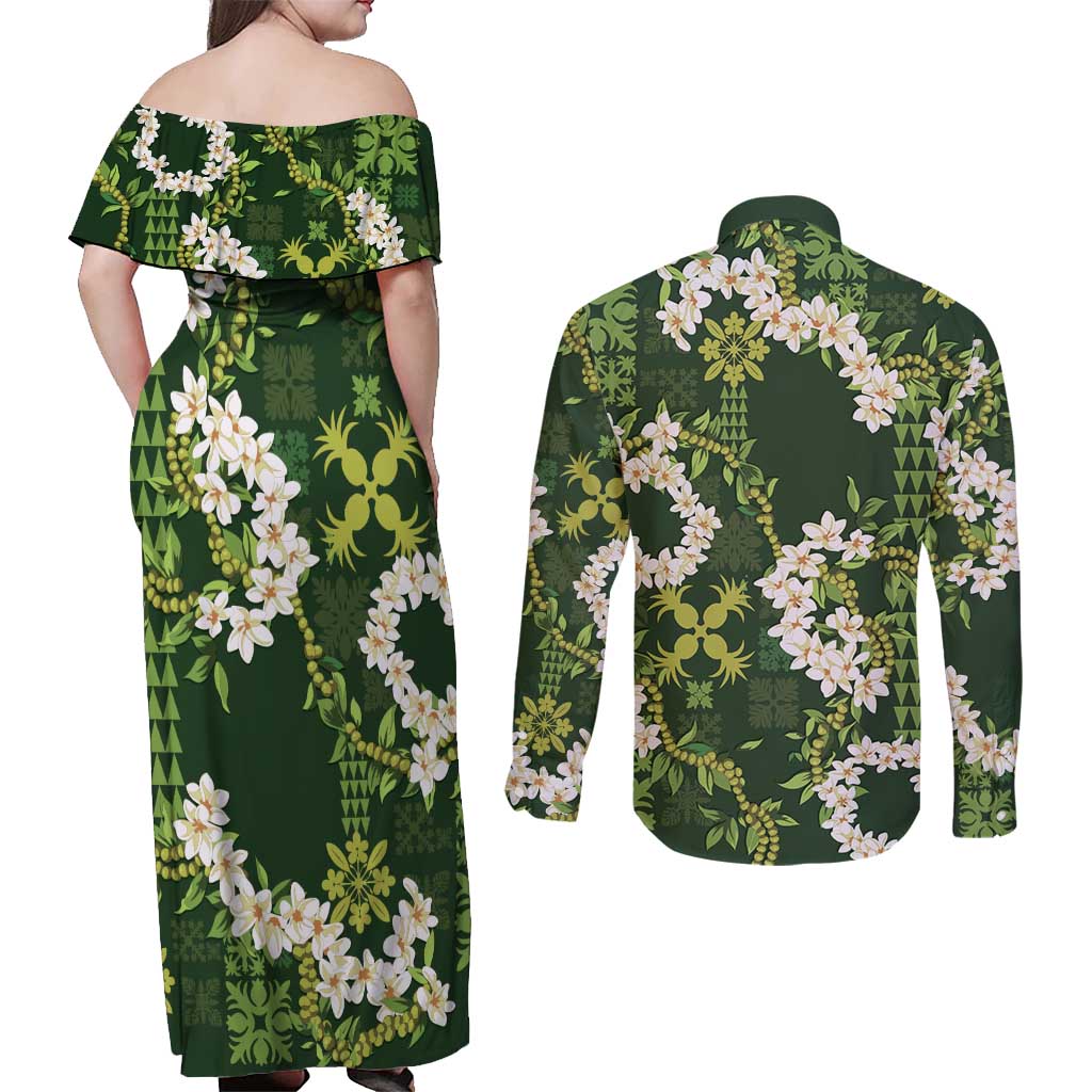 Mokihana Maile and Ilima Leis Couples Matching Off Shoulder Maxi Dress and Long Sleeve Button Shirt Omaʻomaʻo Hawaiian Tapa Quilt Pattern - Polynesian Pride