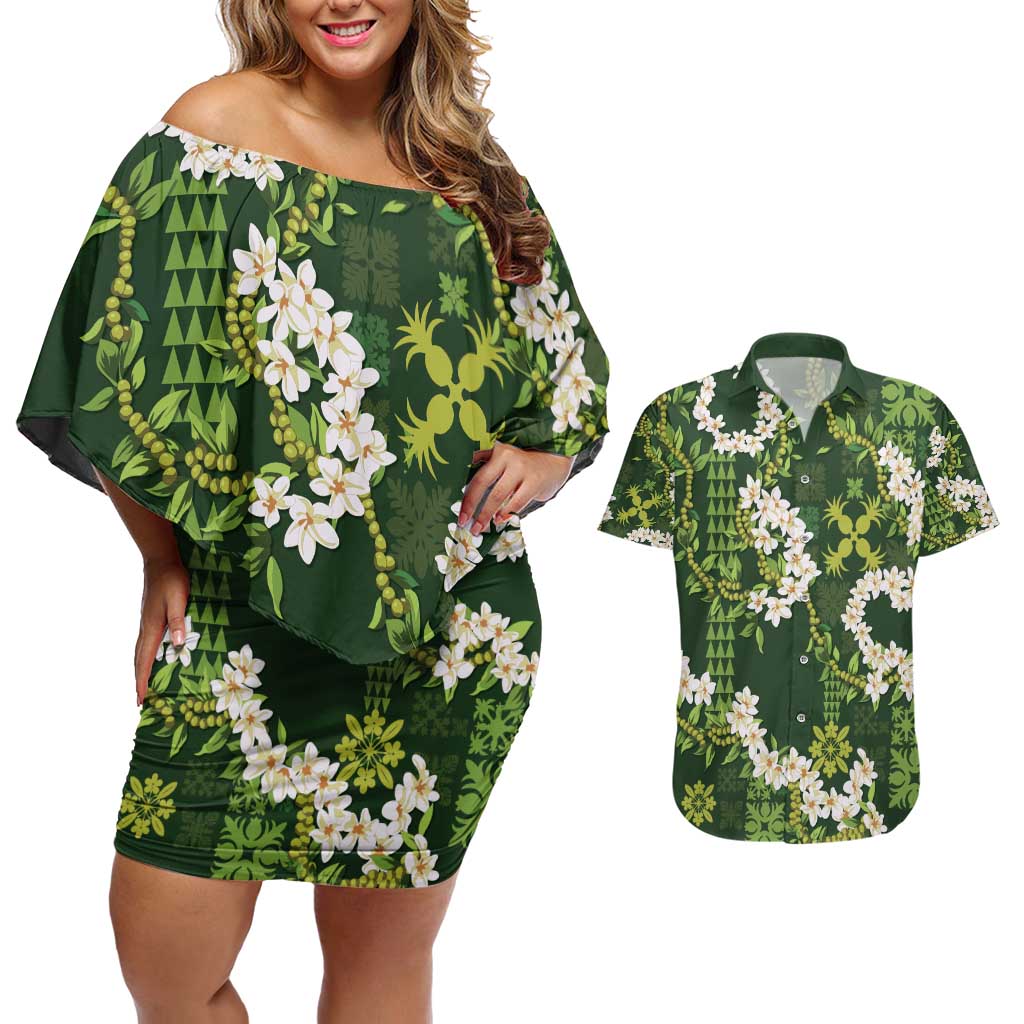 Mokihana Maile and Ilima Leis Couples Matching Off Shoulder Short Dress and Hawaiian Shirt Omaʻomaʻo Hawaiian Tapa Quilt Pattern - Polynesian Pride