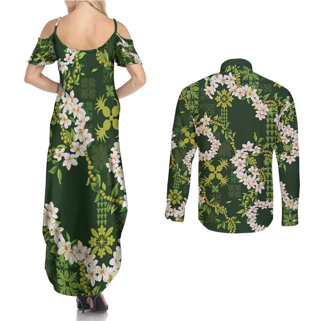 Mokihana Maile and Ilima Leis Couples Matching Summer Maxi Dress and Long Sleeve Button Shirt Omaʻomaʻo Hawaiian Tapa Quilt Pattern - Polynesian Pride