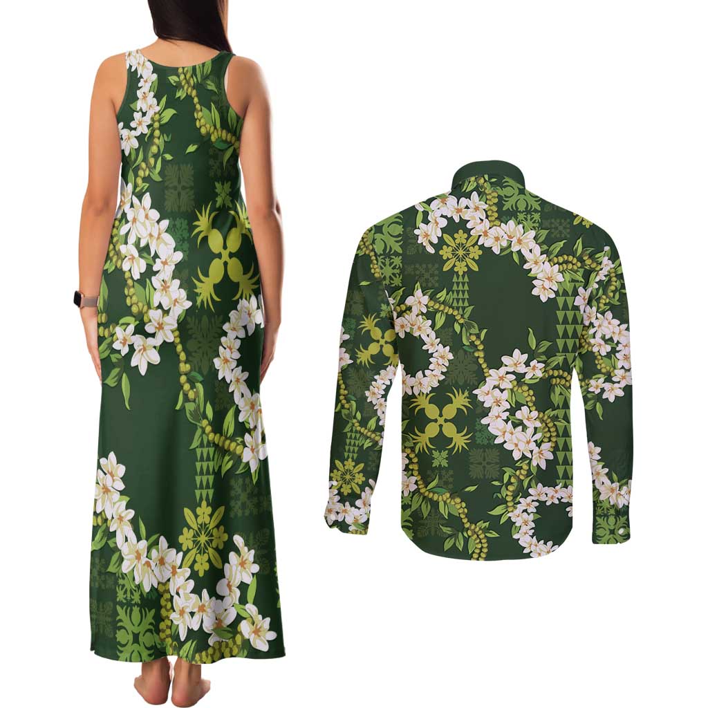 Mokihana Maile and Ilima Leis Couples Matching Tank Maxi Dress and Long Sleeve Button Shirt Omaʻomaʻo Hawaiian Tapa Quilt Pattern - Polynesian Pride