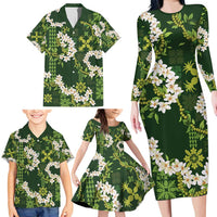 Mokihana Maile and Ilima Leis Family Matching Long Sleeve Bodycon Dress and Hawaiian Shirt Omaʻomaʻo Hawaiian Tapa Quilt Pattern - Polynesian Pride