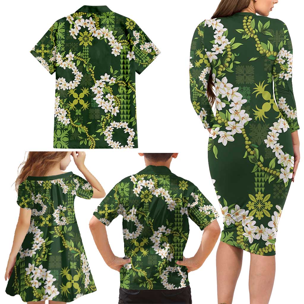 Mokihana Maile and Ilima Leis Family Matching Long Sleeve Bodycon Dress and Hawaiian Shirt Omaʻomaʻo Hawaiian Tapa Quilt Pattern - Polynesian Pride