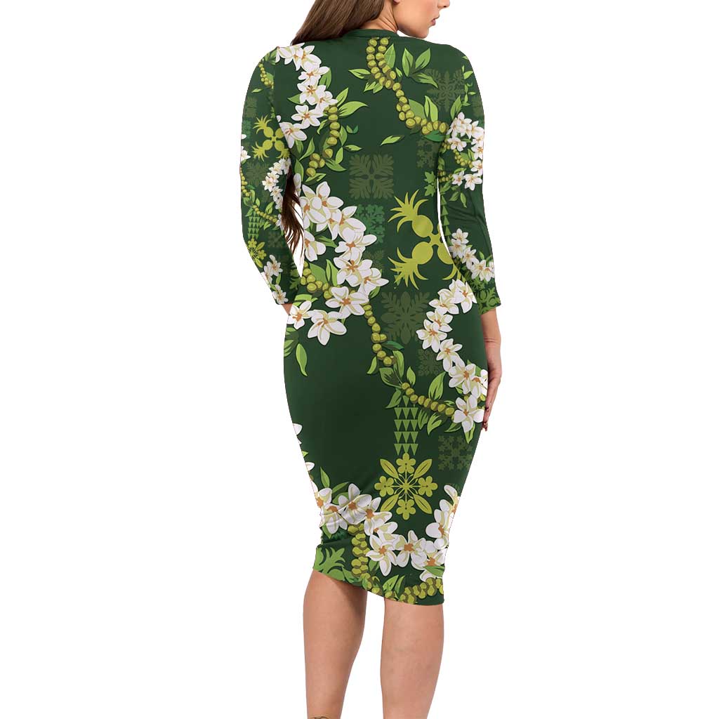 Mokihana Maile and Ilima Leis Family Matching Long Sleeve Bodycon Dress and Hawaiian Shirt Omaʻomaʻo Hawaiian Tapa Quilt Pattern - Polynesian Pride