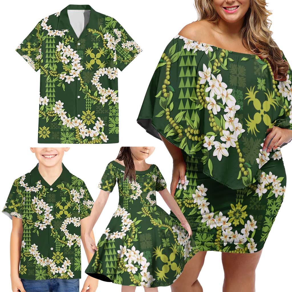 Mokihana Maile and Ilima Leis Family Matching Off Shoulder Short Dress and Hawaiian Shirt Omaʻomaʻo Hawaiian Tapa Quilt Pattern - Polynesian Pride