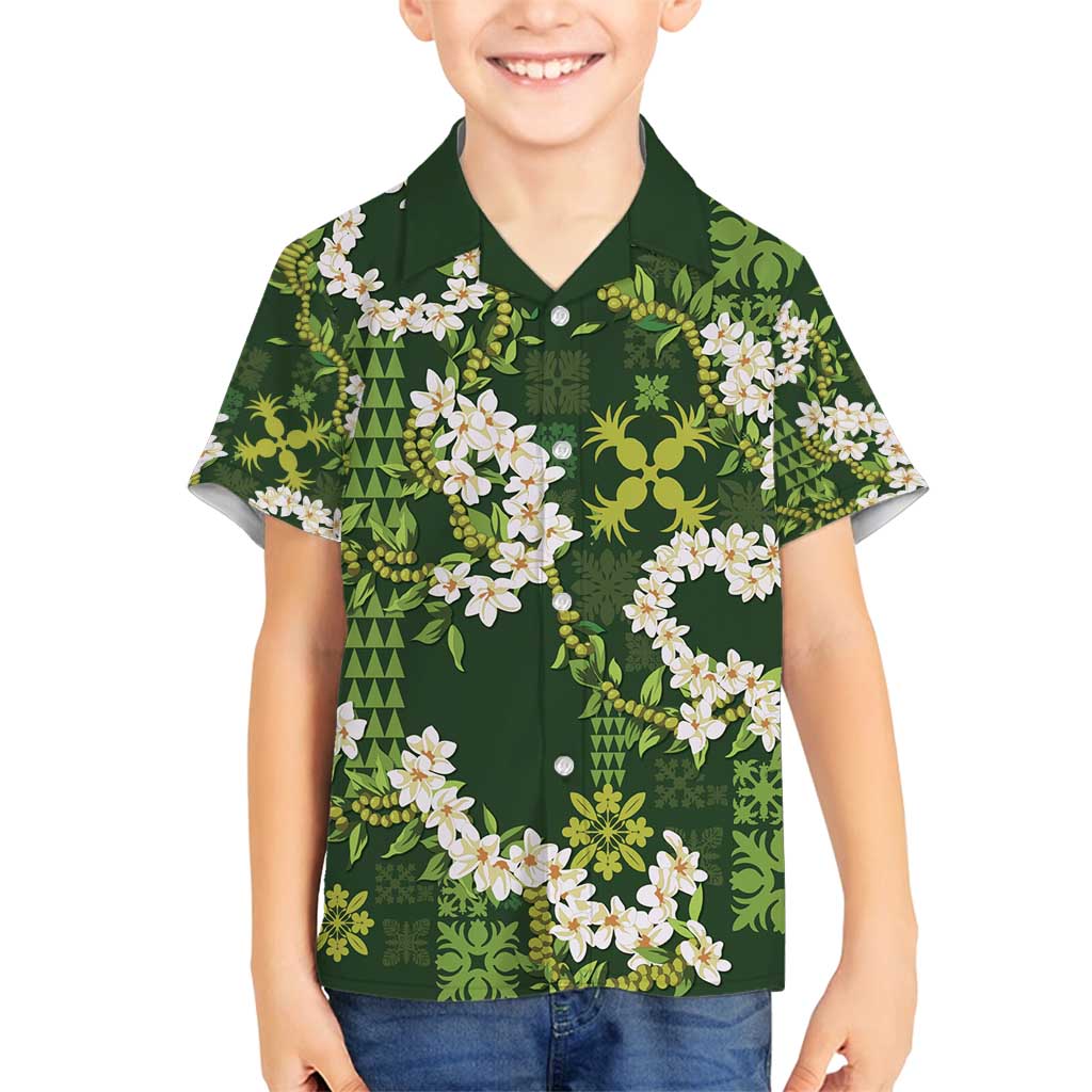 Mokihana Maile and Ilima Leis Family Matching Off Shoulder Short Dress and Hawaiian Shirt Omaʻomaʻo Hawaiian Tapa Quilt Pattern - Polynesian Pride