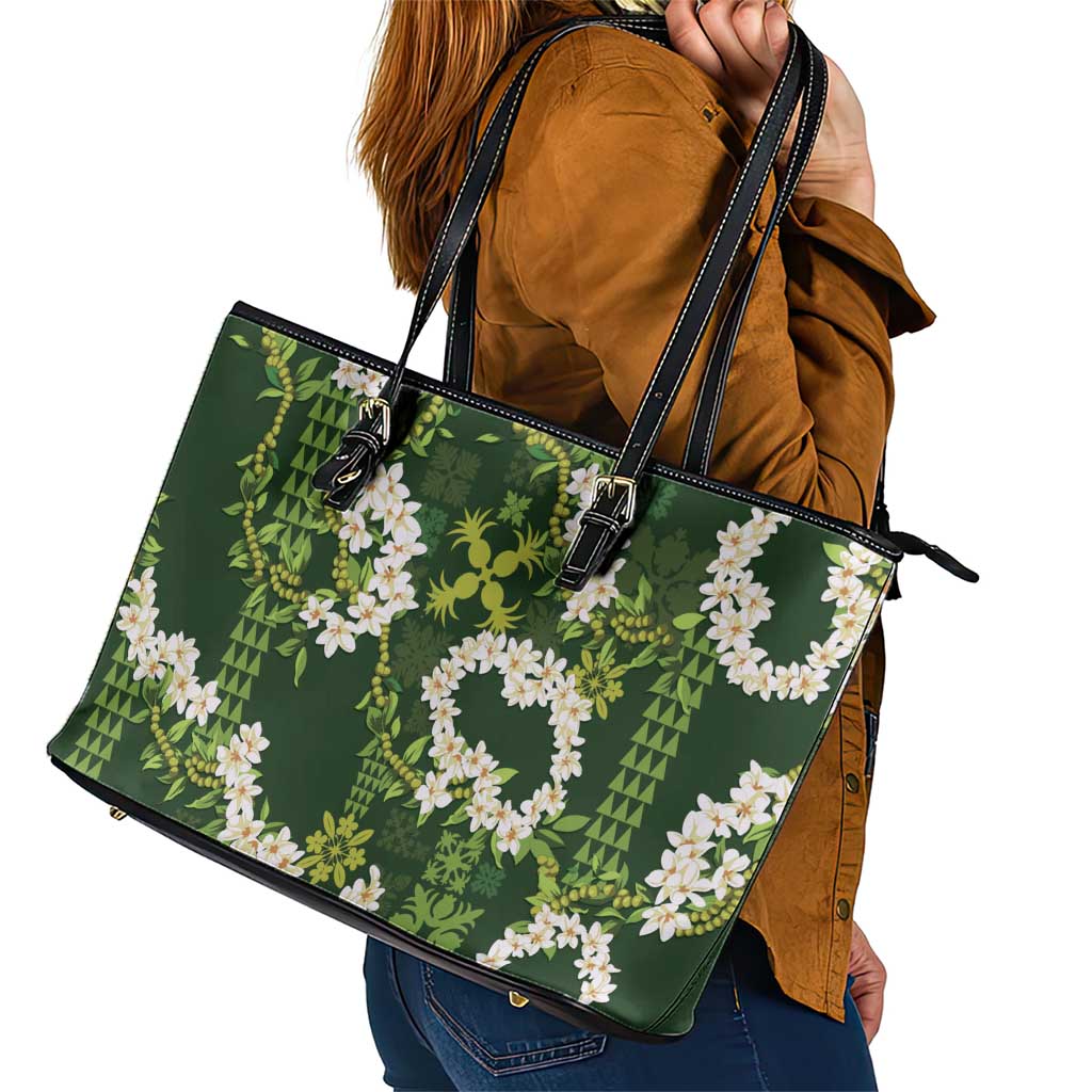 Mokihana Maile and Ilima Leis Leather Tote Bag Omaʻomaʻo Hawaiian Tapa Quilt Pattern - Polynesian Pride
