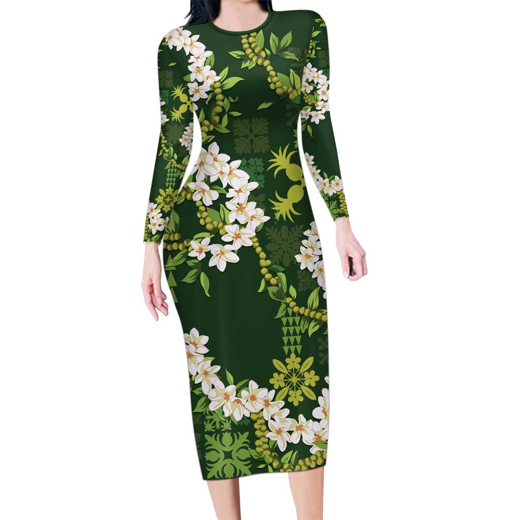 Mokihana Maile and Ilima Leis Long Sleeve Bodycon Dress Omaʻomaʻo Hawaiian Tapa Quilt Pattern - Polynesian Pride