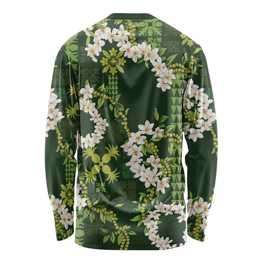 Mokihana Maile and Ilima Leis Long Sleeve Shirt Omaʻomaʻo Hawaiian Tapa Quilt Pattern - Polynesian Pride