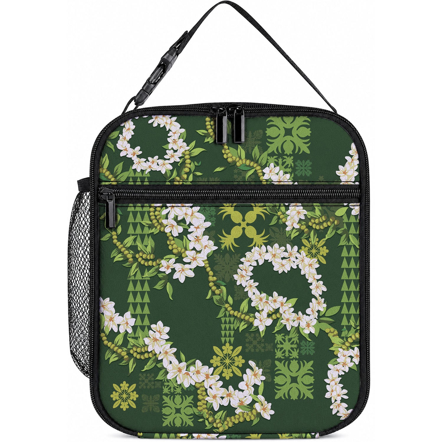 Mokihana Maile and Ilima Leis Lunch Bag Omaʻomaʻo Hawaiian Tapa Quilt Pattern LT9 10.2 × 8.3 × 4.3 inch Green - Polynesian Pride