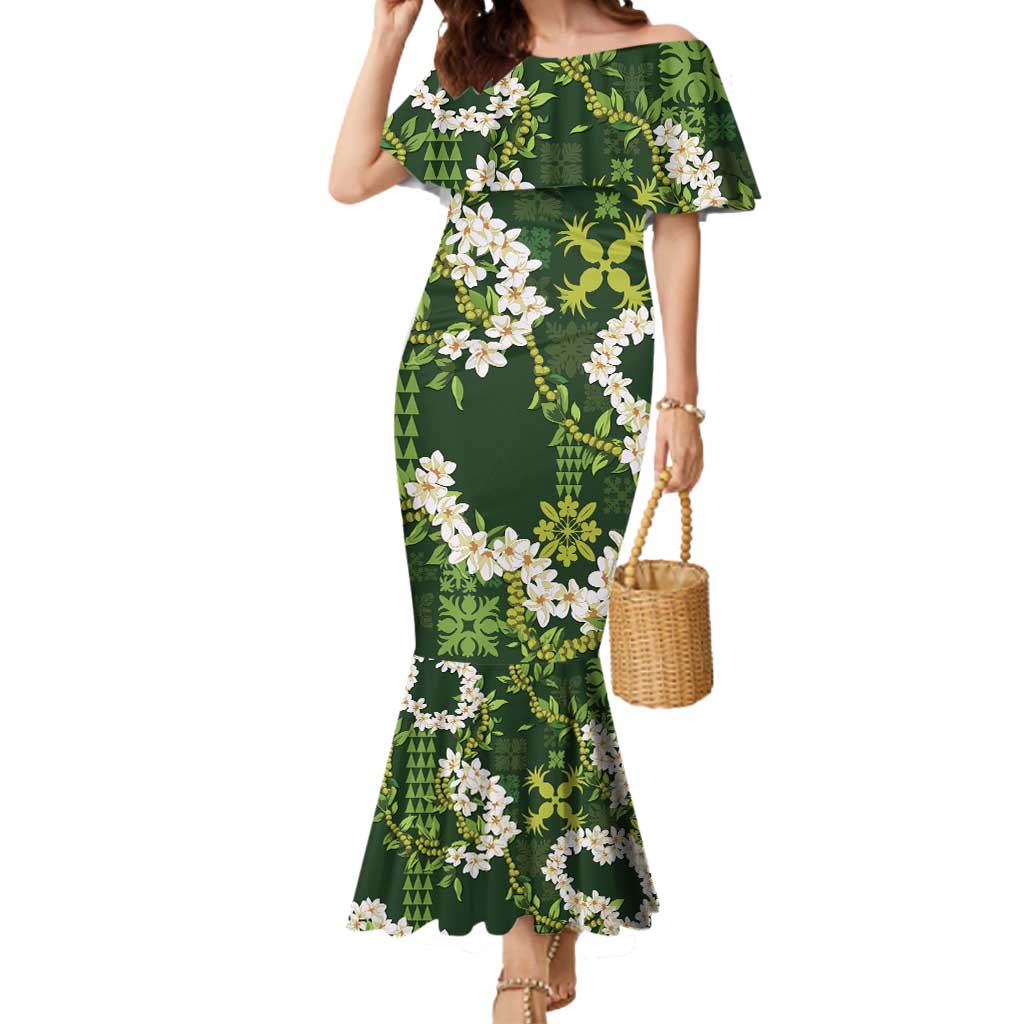 Mokihana Maile and Ilima Leis Mermaid Dress Omaʻomaʻo Hawaiian Tapa Quilt Pattern - Polynesian Pride