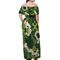Mokihana Maile and Ilima Leis Off Shoulder Maxi Dress Omaʻomaʻo Hawaiian Tapa Quilt Pattern - Polynesian Pride