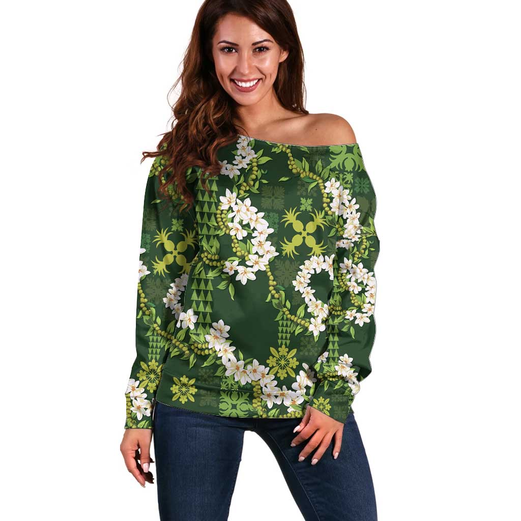 Mokihana Maile and Ilima Leis Off Shoulder Sweater Omaʻomaʻo Hawaiian Tapa Quilt Pattern - Polynesian Pride