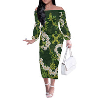 Mokihana Maile and Ilima Leis Off The Shoulder Long Sleeve Dress Omaʻomaʻo Hawaiian Tapa Quilt Pattern - Polynesian Pride