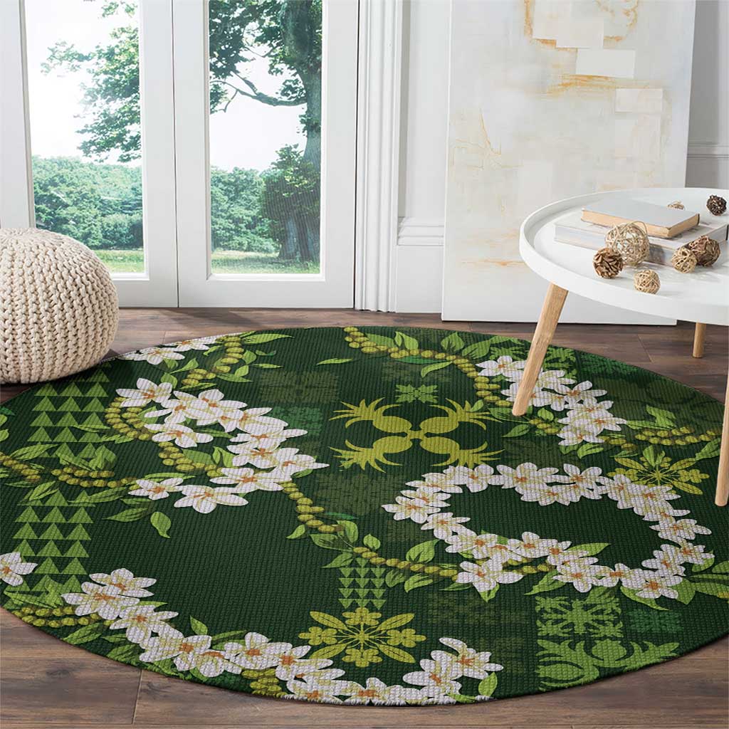 Mokihana Maile and Ilima Leis Round Carpet Omaʻomaʻo Hawaiian Tapa Quilt Pattern - Polynesian Pride
