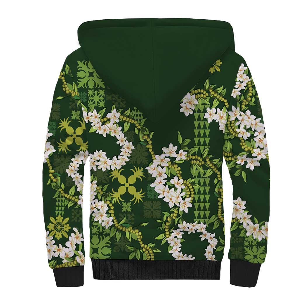 Mokihana Maile and Ilima Leis Sherpa Hoodie Omaʻomaʻo Hawaiian Tapa Quilt Pattern - Polynesian Pride