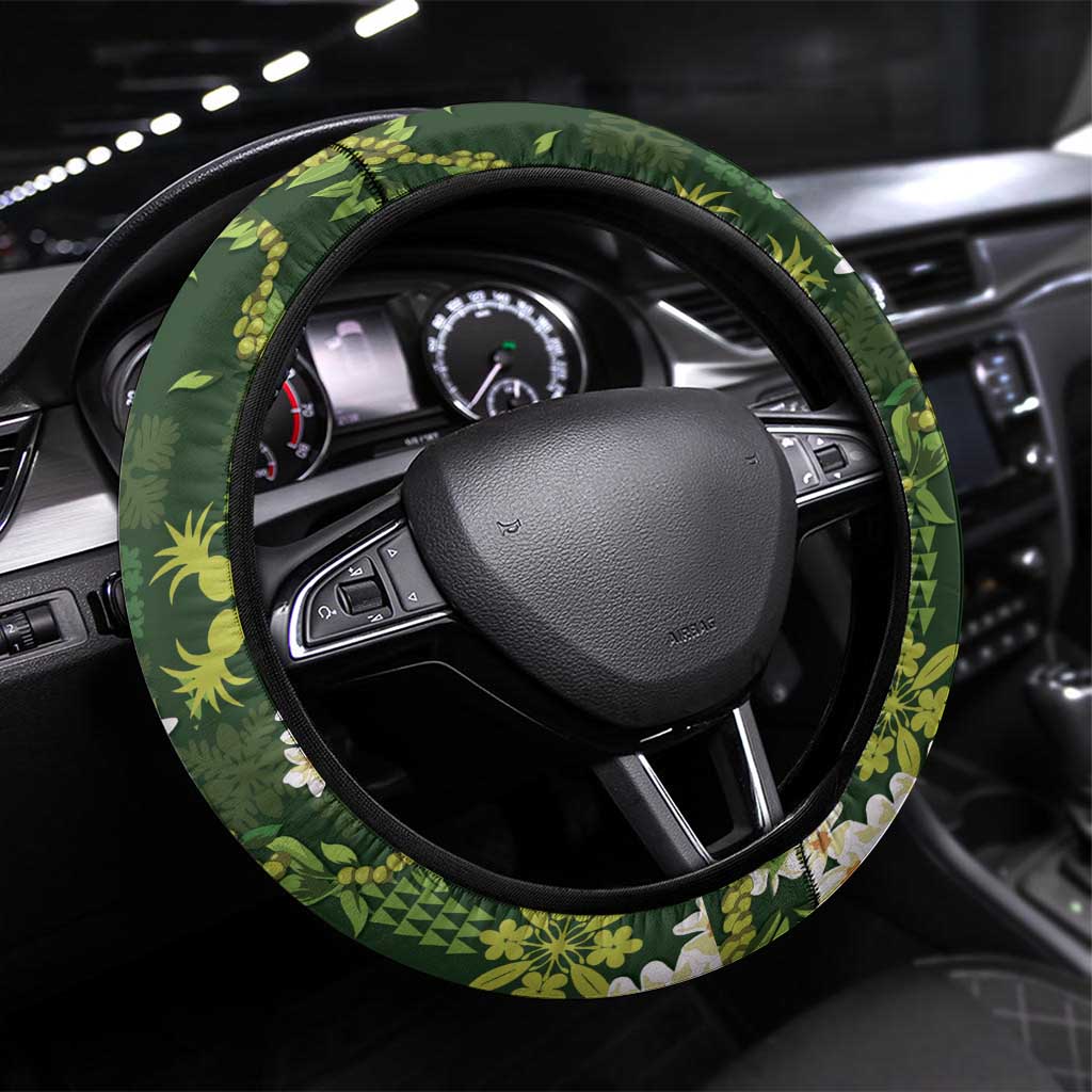 Mokihana Maile and Ilima Leis Steering Wheel Cover Omaʻomaʻo Hawaiian Tapa Quilt Pattern - Polynesian Pride