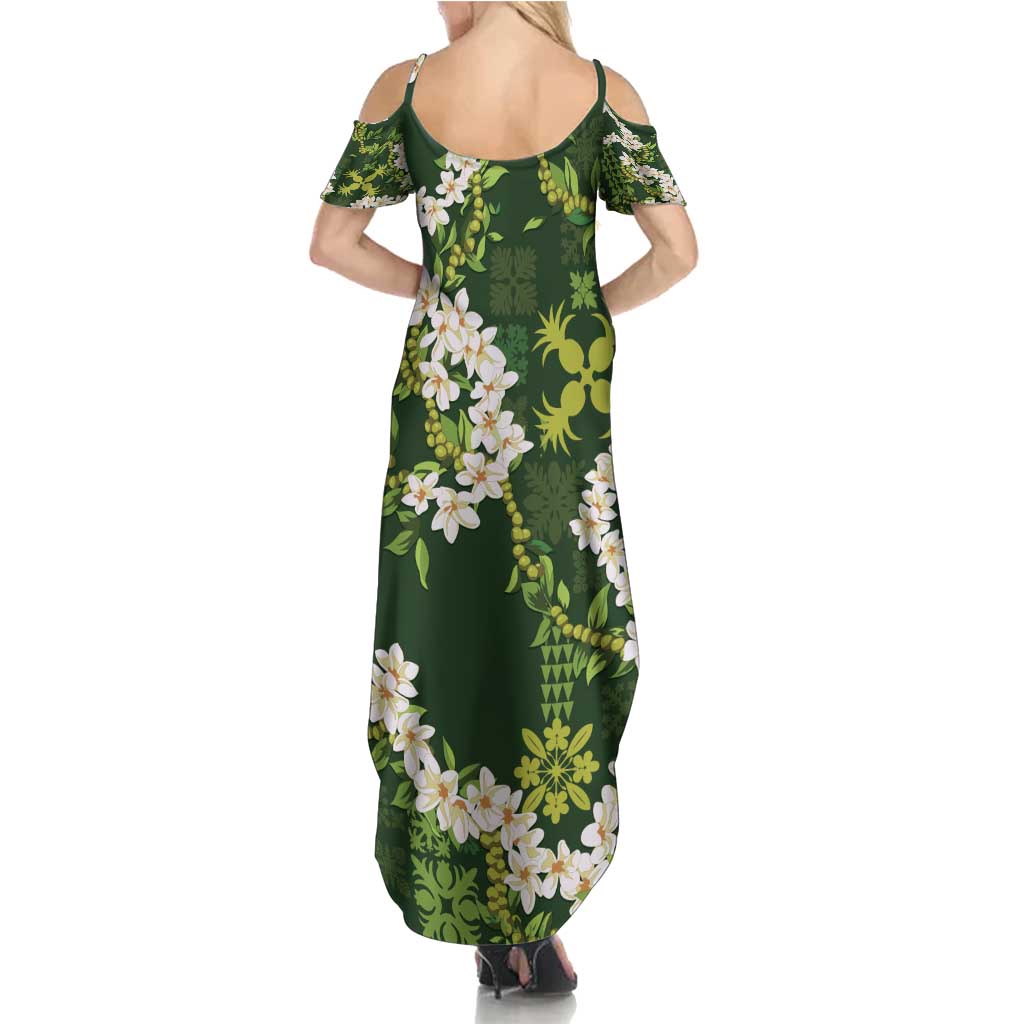 Mokihana Maile and Ilima Leis Summer Maxi Dress Omaʻomaʻo Hawaiian Tapa Quilt Pattern - Polynesian Pride