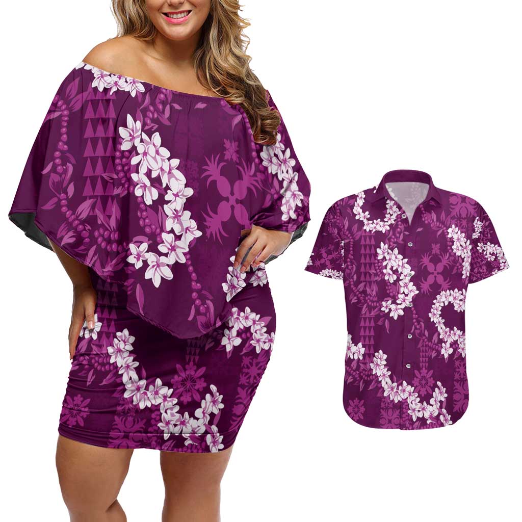 Mokihana Maile and Ilima Leis Couples Matching Off Shoulder Short Dress and Hawaiian Shirt Akala Hawaiian Tapa Quilt Pattern - Polynesian Pride