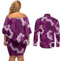 Mokihana Maile and Ilima Leis Couples Matching Off Shoulder Short Dress and Long Sleeve Button Shirt Akala Hawaiian Tapa Quilt Pattern - Polynesian Pride