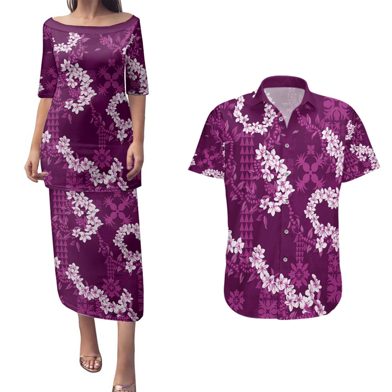 Mokihana Maile and Ilima Leis Couples Matching Puletasi and Hawaiian Shirt Akala Hawaiian Tapa Quilt Pattern - Polynesian Pride