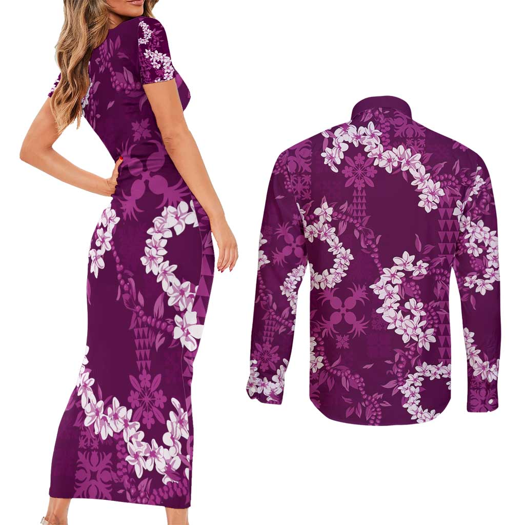Mokihana Maile and Ilima Leis Couples Matching Short Sleeve Bodycon Dress and Long Sleeve Button Shirt Akala Hawaiian Tapa Quilt Pattern - Polynesian Pride