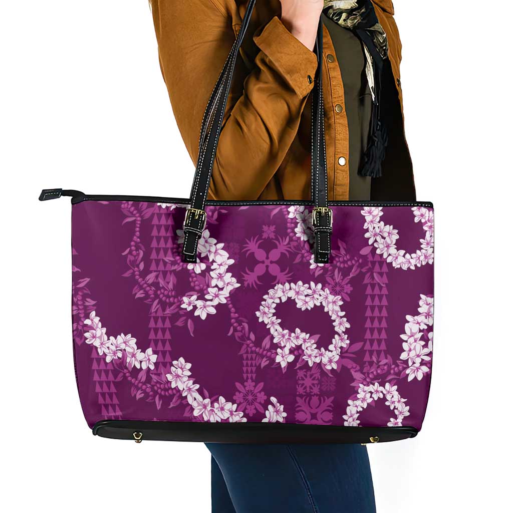 Mokihana Maile and Ilima Leis Leather Tote Bag Akala Hawaiian Tapa Quilt Pattern - Polynesian Pride