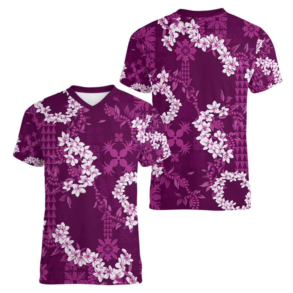 Mokihana Maile and Ilima Leis Women V-Neck T-Shirt Akala Hawaiian Tapa Quilt Pattern - Polynesian Pride