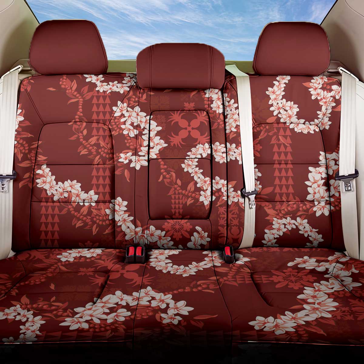 Mokihana Maile and Ilima Leis Back Car Seat Cover Ulaʻula Hawaiian Tapa Quilt Pattern - Polynesian Pride