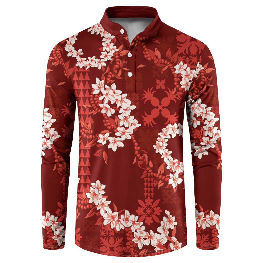 Mokihana Maile and Ilima Leis Button Sweatshirt Ulaʻula Hawaiian Tapa Quilt Pattern - Polynesian Pride