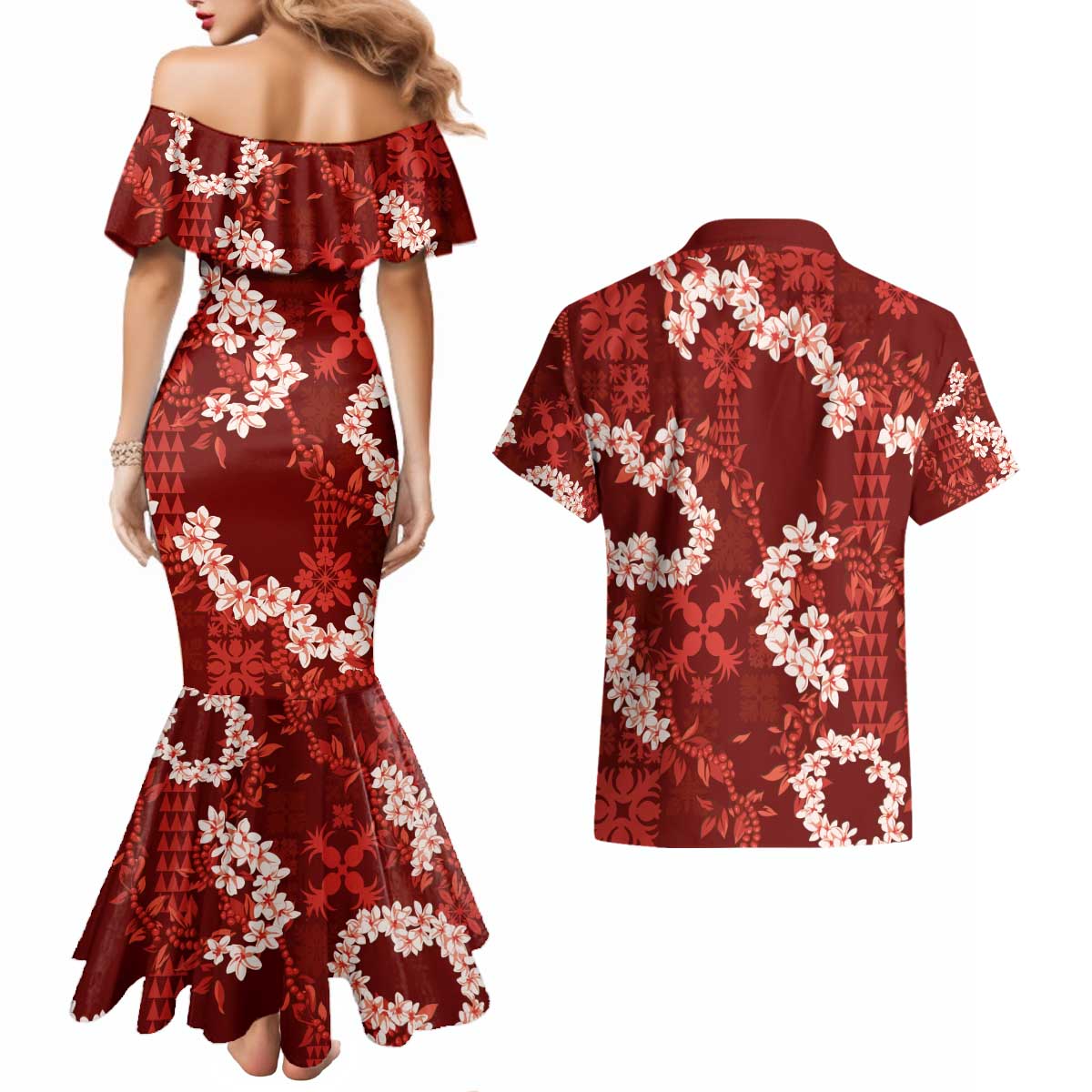 Mokihana Maile and Ilima Leis Couples Matching Mermaid Dress and Hawaiian Shirt Ulaʻula Hawaiian Tapa Quilt Pattern - Polynesian Pride
