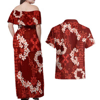 Mokihana Maile and Ilima Leis Couples Matching Off Shoulder Maxi Dress and Hawaiian Shirt Ulaʻula Hawaiian Tapa Quilt Pattern - Polynesian Pride