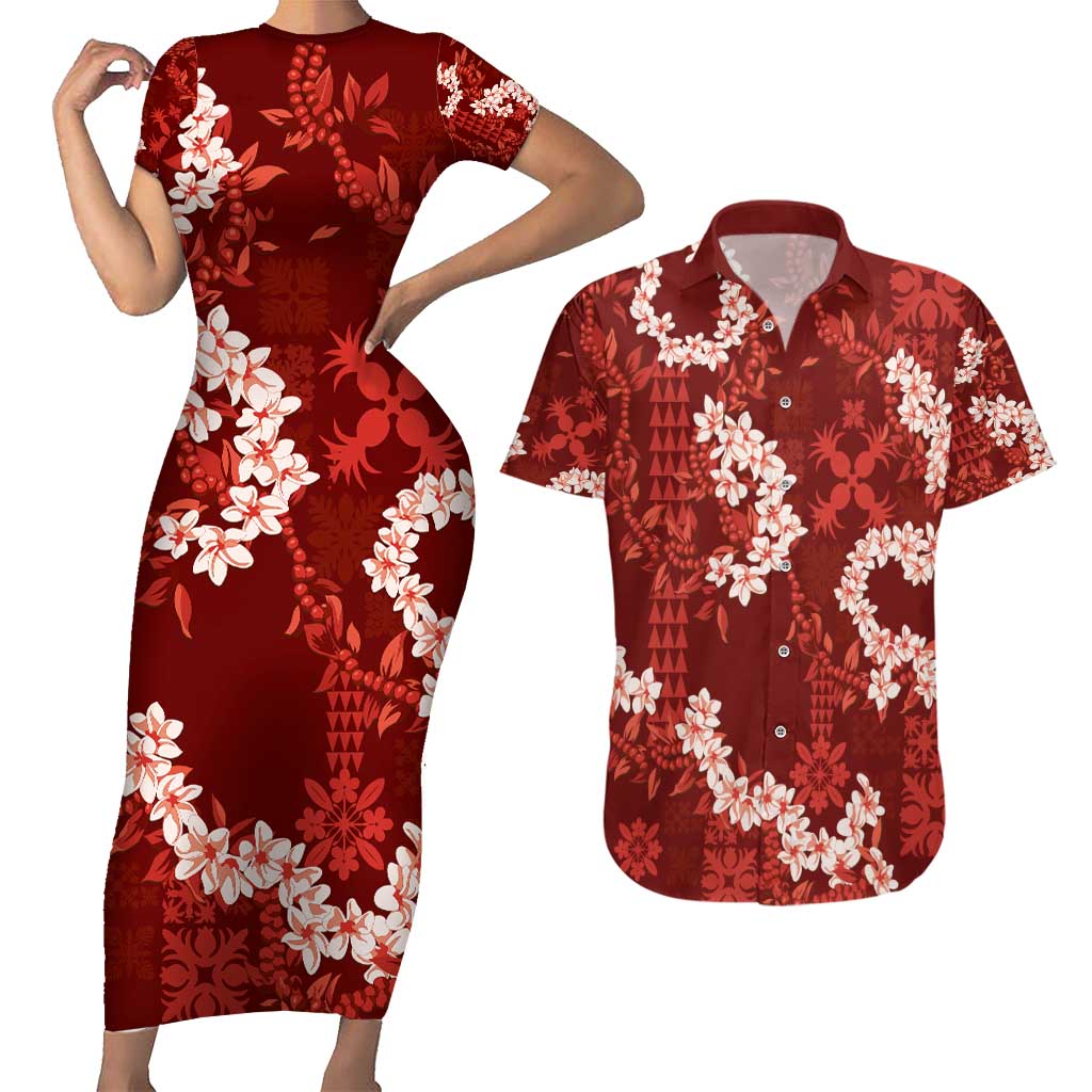Mokihana Maile and Ilima Leis Couples Matching Short Sleeve Bodycon Dress and Hawaiian Shirt Ulaʻula Hawaiian Tapa Quilt Pattern - Polynesian Pride