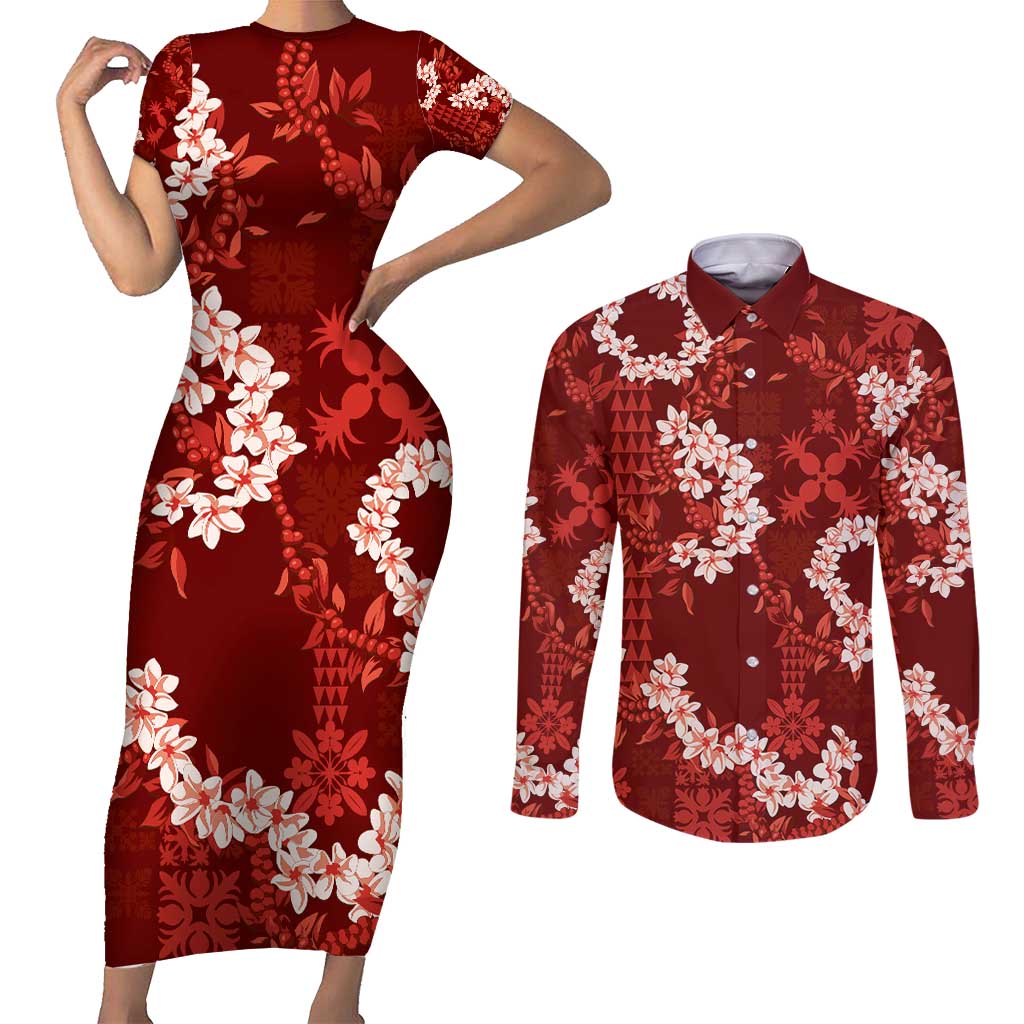 Mokihana Maile and Ilima Leis Couples Matching Short Sleeve Bodycon Dress and Long Sleeve Button Shirt Ulaʻula Hawaiian Tapa Quilt Pattern - Polynesian Pride