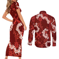 Mokihana Maile and Ilima Leis Couples Matching Short Sleeve Bodycon Dress and Long Sleeve Button Shirt Ulaʻula Hawaiian Tapa Quilt Pattern - Polynesian Pride